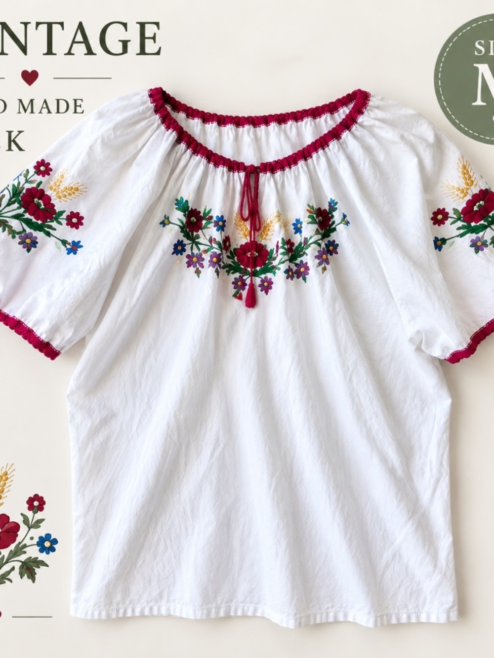 Vintage Hand Embroidered Floral Peasant Blouse White – Approx. Size Medium
